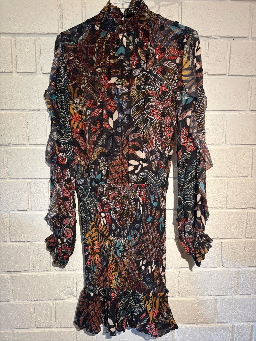 FARM Rio Black Multi Floral Ruffle-Neck Mini Dress - Picture 3 of 5